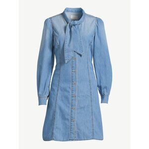 NWT Scoop Tie-Neck Denim Short Dress, L (12-14), Blue